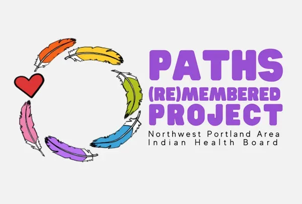Logo of the PATHS (Re)membered Project by Northwest Portland Area Indian Health Board, featuring a circular arrangement of feathers around a heart, with the project's name in bold letters